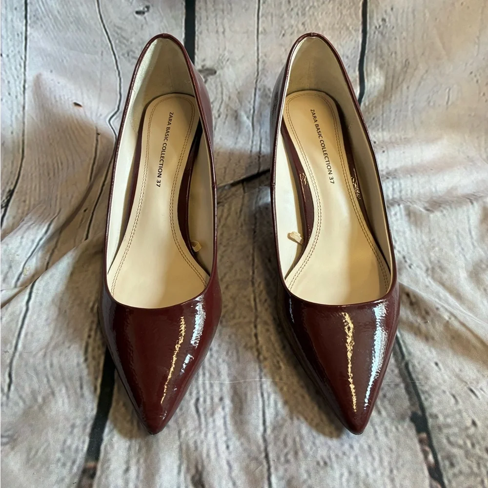 Zara Basic Collection Women’s Deep Berry Wine Patent Pointed Toe‎ Pump Heel 6.5 - Picture 5 of 8